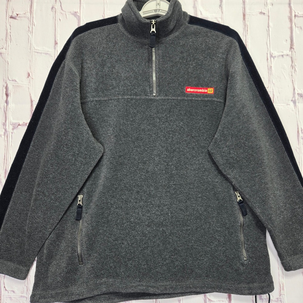 Vintage 90s Abercrombie Fleece Jacket Gray Navy Stripe Quarter Zip Mens XL